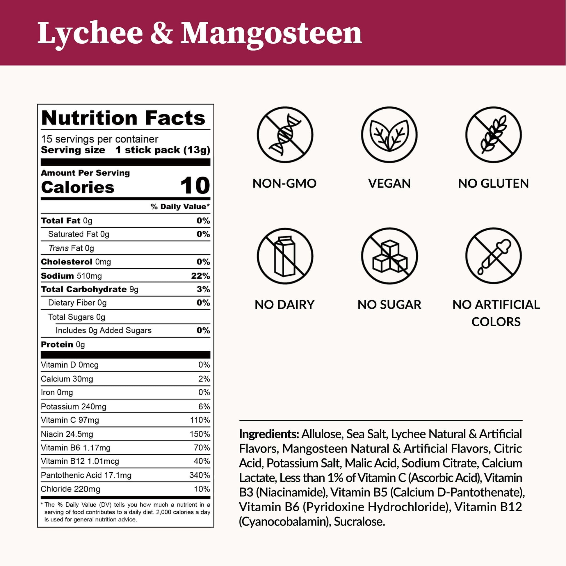 Nutrition facts for Mizu Lab's Lychee & Mangosteen electrolyte drink mix
