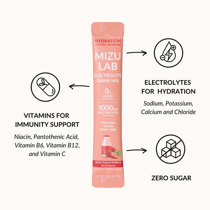 Experience hydration and immunity support with Mizu Lab's Asian Yogurt Drink & Strawberry electrolytes