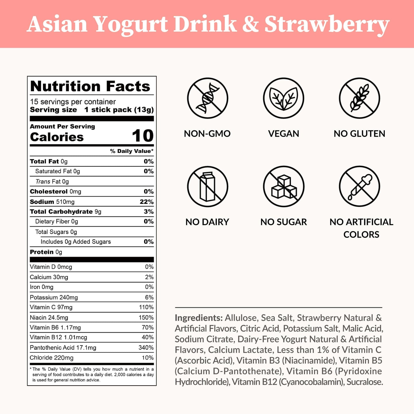 Nutrition facts for Mizu Lab's Asian Yogurt Drink & Strawberry electrolyte drink mix